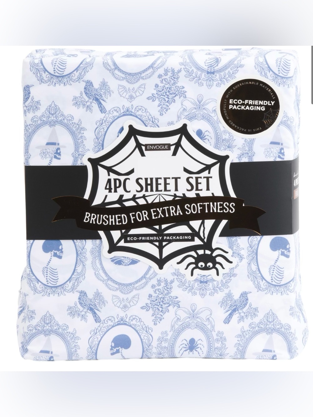 Envogue 4pc Blue White Halloween Toile Full Sheet Set Skeletons Cameos Gothic